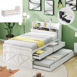 Lit enfant 90x190 cm - jaerliub - lit gigogne avec usb - 2 tiroirs - bois massif - contemporain
