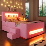 Lit enfant 90x200 cm avec bande led et port usb lit simple avec tiroir lit 1 personne rose