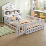 Lit enfant - merax - lit maison - 90 x 200 cm - bois massif blanc - barri�res & rangements