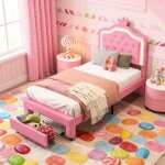 Lit enfant - kilisky - 90x200 cm - t�te de lit couronne led - tiroir de rangement - rose