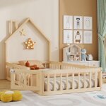 Lit enfant 90x200 cm forme chemin�e pin naturel barri�re s�curit� sommier lattes style minimaliste ludique ...