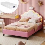 Lit enfant 90x200 cm - luminarix - led - t�te de lit couronne - velours rose - 1 place