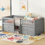 Lit enfant 90x200 cm lit mi hauteur 4 tiroirs barri�re �chelle pin et mdf gris sans matelas