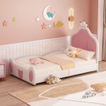 Lit enfant 90x200 cm rembourr� princesse avec t�te de lit couronne simili cuir blanc rose sans matelas ...