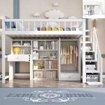 Lit mezzanine enfant 90x200 cm lit simple 1 personne avec bureau escalier casiers armoire sans matelas ...