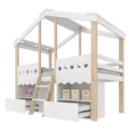 Lit enfant 90x200 cm - lit simple avec cabane led et rangement - mi - hauteur pin mdf - blanc et bois ...