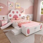 Lit enfant 90x200 cm avec toboggan et �chelle t�te de lit patte de chat lit rembourr� pu blanc et rose ...