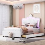 Lit enfant 90x200 en pu blanc t�te coquille couronne led t�te + dessous 2 tiroirs de rangement amovibles ...
