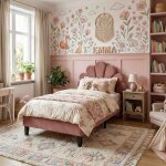 Lit enfant 90x200cm - ambiance - t�te de lit forme fleur - velours rose - sommier � lattes inclus - lit ...