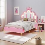 Lit enfant 90x200cm lit fille avec led et sommier � lattes lit princesse lit simple rembourr� avec t�te ...