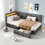 Lit enfant banquette 90x200 cm en lin avec led et usb - t�te de lit en l rembourr�e - 2 tiroirs de rangement ...