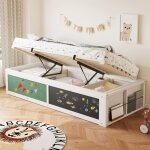 Lit enfant en bois 90 x 200 cm lit simple avec rangement r�glage hydraulique tableau noir et espace de ...