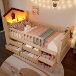 Lit enfant en bois massif mi - hauteur 90 x 200 cm style cottage avec quatre tiroirs bande lumineuse ...