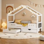 Lit enfant cabane 90x200 cm lit simple avec 2 tiroirs sommier � lattes bois blanc sans matelas