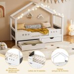 Lit enfant cabane 90x200 avec tiroir cl�ture de s�curit� surface tableau noir cr�ative finition laqu�e ...
