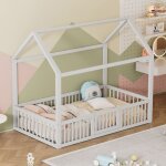Lit enfant cabane blanc avec barri�re de s�curit� et petite porte