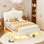 Lit enfant capitonn� - double couronne blanche - 90x200 cm - sommier � lattes - led int�gr�e