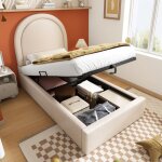 Lit enfant coffre en velours 90x190 cm sommier � lattes tapiss� hydraulique sans matelas beige