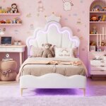 Lit enfant fille 90x200cm avec sommier led lit adolescent rembourr� avec t�te de lit couronne r�glable ...