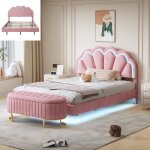 Lit enfant double 140x200 cm ave banc coffre rangement cadre de lit avec led et sommier  lattes rose ...