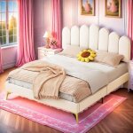 Lit enfant fille 140x200cm avec t�te de lit rembourr� lit princesse avec sommier � lattestissu en veloursbeige ...