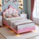 Lit enfant fille 90x200 cm lit simple rembourr� avec led lit princesse capitonn� t�te de lit r�glable ...
