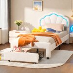 Lit enfant fille 90x200 avec led et tiroir de rangementlit simple avec t�te de lits r�glable en hauteursommier ...