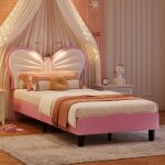Lit enfant fille 90x190 cm lit simple rembourr� avec t�te de lit papillon � lampes led sommier � lattes ...