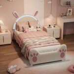 Lit enfant fille lapin 140x200 - velours blanc rose - led rgb - tiroirs de rangement - lit �volutif