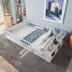 Lit enfant maisentiel 140x190 cm pin blanc rangement ouvert int�gr� barri�re mobile et montage simple ...