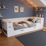 Lit enfant maisentiel 90x200 cm blanc multifonctionnel - canap� de jour convertible tiroir 58 cm et grands ...