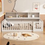 Lit enfant maisentiel 90x200 cm bois pin blanc - banquette s�curis�e barreaux ouvrants rangements et ...