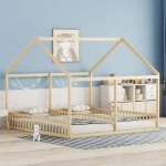 Lit enfant maisentiel 90x200 cm pin naturel 2 - en - 1 maison avec barri�res de s�curit� et 8 lattes ...