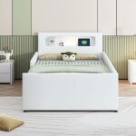 Lit enfant maisentiel 90x200 cm simili cuir blanc avec �clairage de nuit led prise usb int�gr�e et tiroirs ...