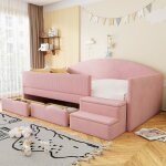 Lit enfant - merax - lit banquette 90x190 velours - barri�res rembourr�es - 2 tiroirs - marches antid�rapantes ...