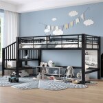 Lit enfant mezzanine 90x200 avec rampe escalier rangement lit mi hauteur 1 personne m�tal avec barri�re ...