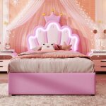 Lit enfant - merax - 90x200 cm - t�te de lit couronne princesse - �clairage led - 2 tiroirs - pour filles ...