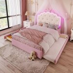 Lit enfant princesse rose - merax - 140x200 cm - avec �clairage led - lit gigogne - 2 tiroirs de rangement ...