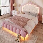 Lit enfant rembourr� - t�te de lit couronne princesse - 140x200 cm - led int�gr�e - merax - pu rose