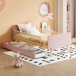 Lit enfant - lit simple 90x190 cm bois rose avec 2 tiroirs et sommier � lattes multifonction pour chambre ...