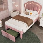 Lit enfant simple 90x190 cm - lit avec led et tiroirs de rangement velours rose - sans matelas