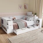 Lit enfant simple 90x190 cm multifonctionnel tiroirs rangement grand blanc sans matelas
