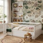 Lit enfant au sol 140x200cm - ambiance - lit montessori bois blanc avec barri�res et porte - parc de ...