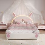 Lit enfant - t�te de lapin - 140x200 cm - bande led rgb contr�lable - rangement sous sommier velours ...
