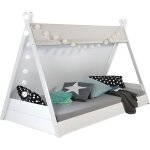 Lit tipi enfant 90x200 blanc toile grise � �toiles