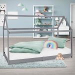 Ml - design lit denfants 90x200 cm avec toit et sommier bois de pin massf gris clair structure maison ...