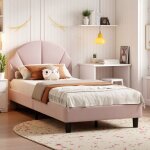 Lit enfant velours rose 90x190 cm - t�te de lit r�glable hauteur avec rangement - lit fille rose doux ...