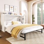 Lit escamotable - 140x200 cm - beige - lin - tiroir de rangement - ports usb et type - c - transformable ...