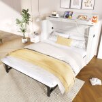 Lit escamotable 140x200 cm double avec rangement tiroir usb et type - c gain de place - lin + mdf - sans ...