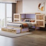 Lit escamotable 140x200 cm mural vertical � lattes bois rotin design avec tiroirs rangement lit adulte ...